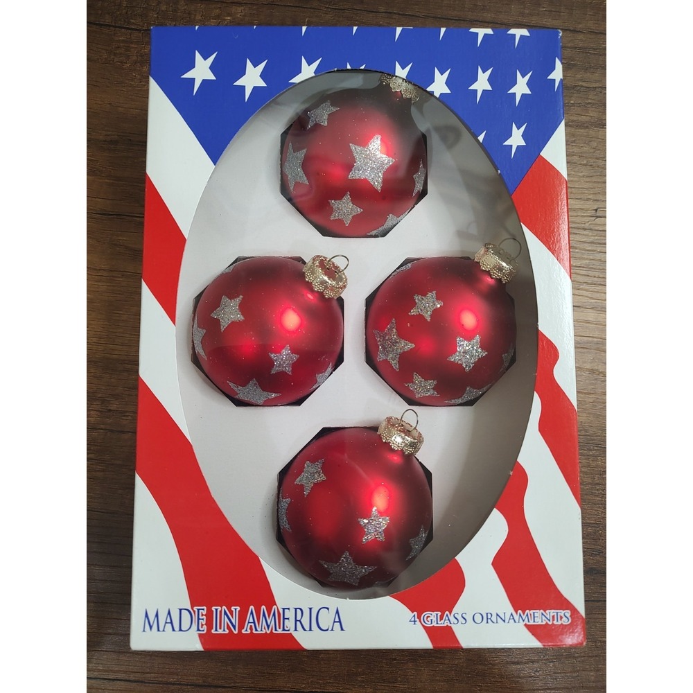 Vtg Rauch Red Glass Ball Christmas Ornaments Silver Glitter Stars 4ct O48